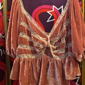 Free People velvet and lace crop top with puff sleeve